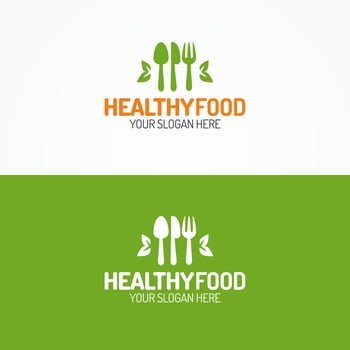 Healthy food logo set consisting silhouette of spoon, knife, fork and leaves vector