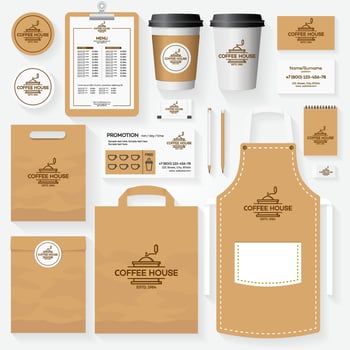 Coffee house corporate identity template set with coffee machine logo. vector