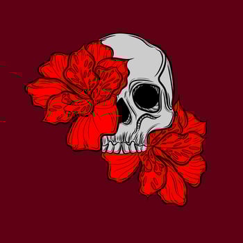 Skull vintage vector design with red flowers