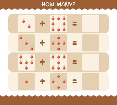 How many cartoon radish. Counting game. Educational game for pre shool years kids and toddlers vector