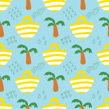 Seamless pattern with summer on blue background. Tote bags and coconut trees. vector
