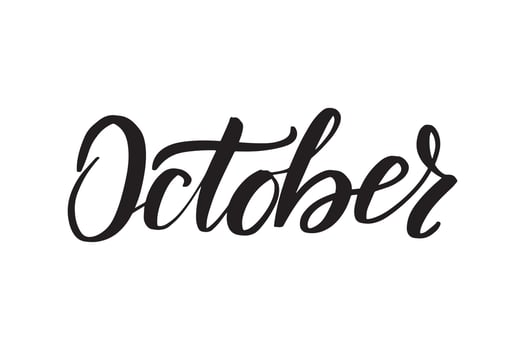 Inspirational handwritten brush lettering October. Vector calligraphy illustration isolated on white background. Typography for banners, badges, postcard, tshirt, prints, posters.