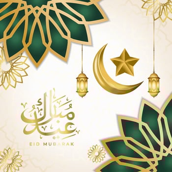 Greeting eid with Arabic calligraphy text which means eid mubarak and Islamic ornaments vector
