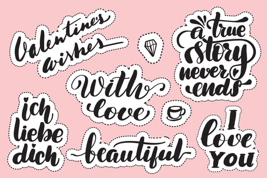 Set of handwritten lettering labels. Stickers with hand drawn typography inscriptions. Great vector stock calligraphy illustrations for handmade and scrapbooking, diaries, cards, badges, social media.