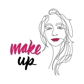 Make up. Inspirational handwritten brush lettering. Vector calligraphy stock illustration isolated on white. Typography for postcard, tshirt, prints. Continuous line, one line, drawing of woman face.