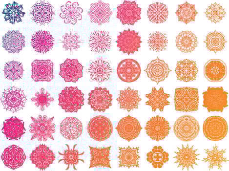 Set of round gradient mandala on white isolated background. Vector hipster mandala in green, red, blue, violet and pink colors. Mandala with floral patterns. Yoga template.