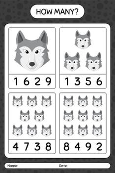 How many counting game with wolf. worksheet for preschool kids, kids activity sheet vector