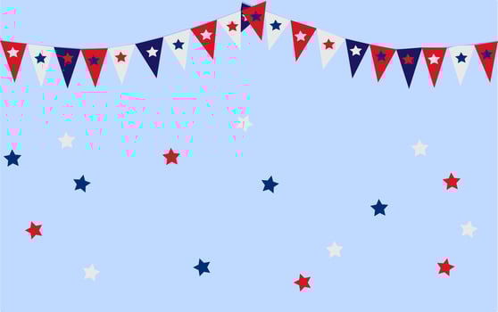 The USA flags festive bunting and state stars against a light blue background. National freedom day, 4th of July. Vector design.