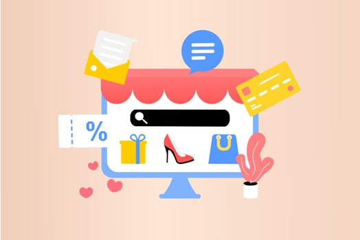 Online shopping on computer. Online store, big sale, special discount, social advertising. Mobile and digital marketing. Flat vector illustration graphic element, sign, symbol. Minimalist style.