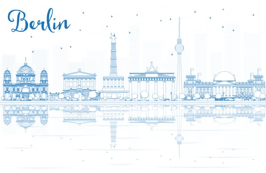Outline Berlin skyline with blue buildings and reflections. vector