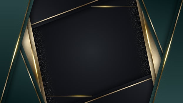 3D modern luxury template design green and golden stripes with gold glitter line light sparking on black background vector