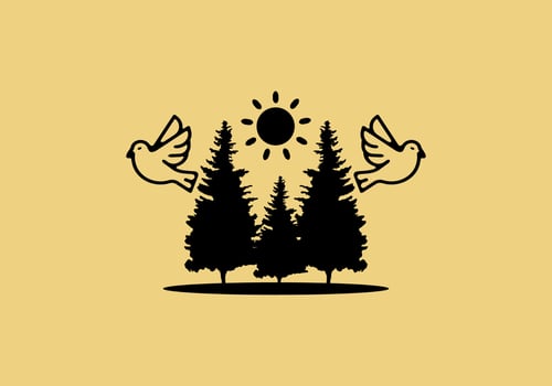 Pine trees and bird line art illustration vector