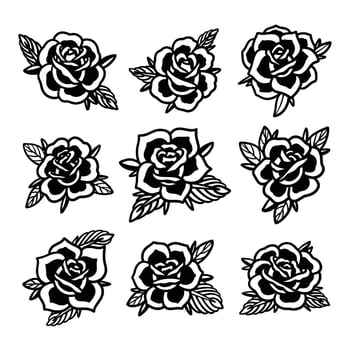 Old school tattoo icons set with roses symbols isolated vector illustration