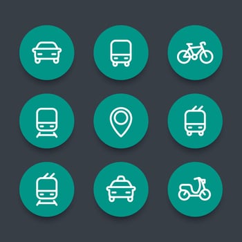 City and public transport round green icons, public transportation vector icons, route, bus, subway, taxi, public transport pictograms, thick line icons set, vector illustration