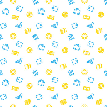 seamless pattern with finance icons, blue and yellow on white , vector illustration