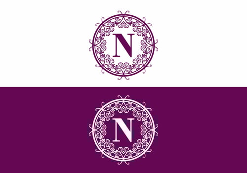 Purple white of N initial letter in circle classic frame vector