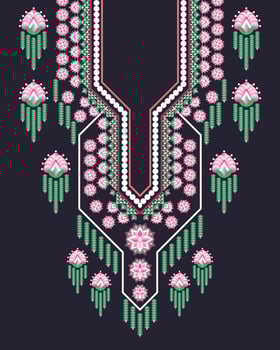 Pink floral necklace embroidery design for fashion women. Embroidery pattern with beautiful colorful Geometric Ethnic oriental for neckline vector