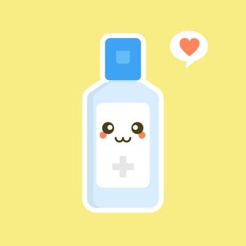 cute and kawaii disinfection or and sanitizer bottle, washing gel. Vector illustration suitable for hygiene, disinfect, medical, clean life, anti virus, bacteria, health care, disease spread, germs