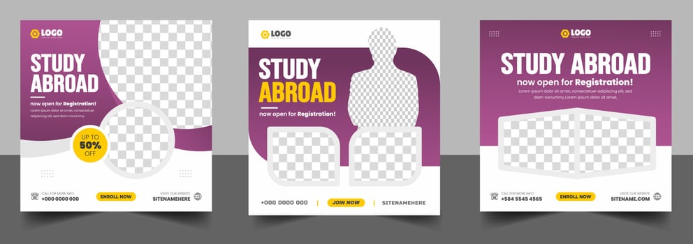 Study abroad social media post banner design. higher education social media post banner design set. school admission promotion banner. school admission template for social media ad. vector