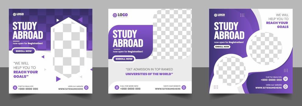 Study abroad social media post banner design. higher education social media post banner design set. school admission promotion banner. school admission template for social media ad. vector