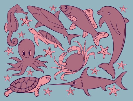 Elements hand drawn sea animal doodle for sticker etc vector