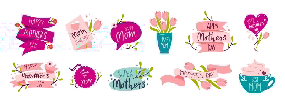 Happy Mothers Day holiday sticker template set with Lettering Vector Illustration