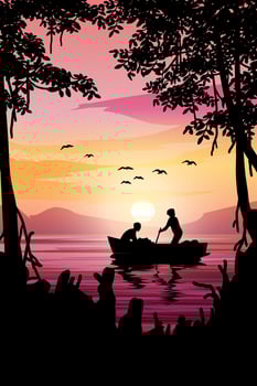 Sunset in beautiful lake with fisherman vector