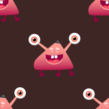 Kids monster vector pattern with cute eyes, tongue, tooth fang
