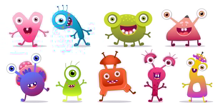 Cute cartoon Monster colorful vector set Eyes tongue tooth fang hands up
