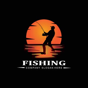 fishing logo icon vector, catch fish on the boat, outdoor sunset silhouette design vector