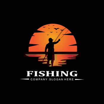 fishing logo icon vector, catch fish on the boat, outdoor sunset silhouette design vector