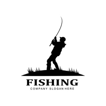 fishing logo icon vector, catch fish on the boat, outdoor sunset silhouette design vector