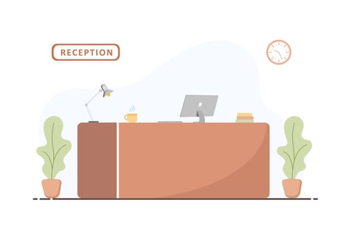 Reception desk interior. Hotel booking, clinic, airport registration, bank or office reception concept. Cartoon flat vector illustration in flat style.