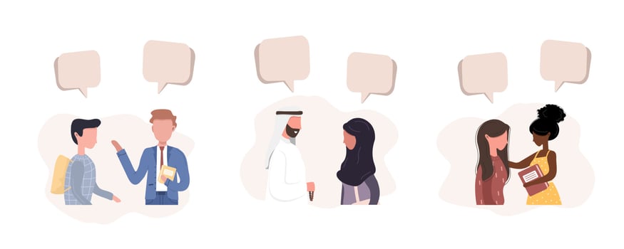 People talk to each other. Businessmen discuss social network. Friends chat with dialog speech bubbles. Modern vector illustration in flat style.