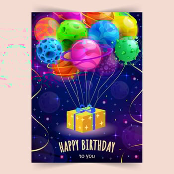 Happy Birthday. Space and universe background with realistic golden serpentine and cute planets. Typography design for greeting card, poster or banner. Vector illustration.