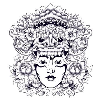 Barong Balinese mask tattoo style in black and white vector