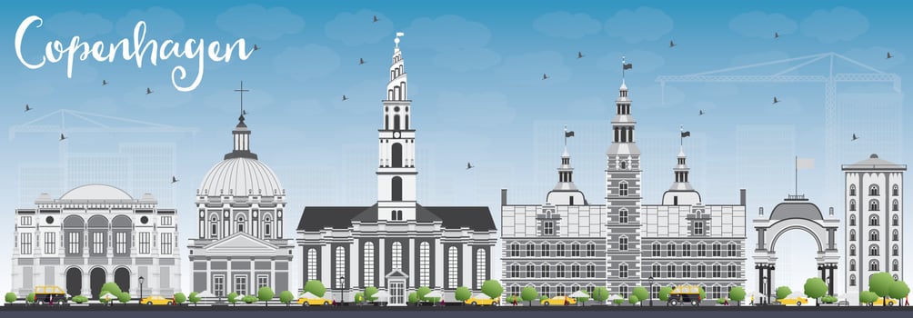 Copenhagen Skyline with Gray Landmarks and Blue Sky. vector