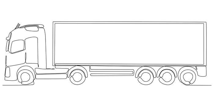 One line drawing of a modern large trailer truck with containers. Courier cargo vector
