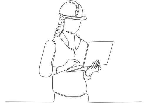 One continuous line art drawing female architect interior designer at work vector