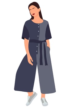 Young slim stylish girl in fashionable suit standing. Adult grown model. Isometric flat style. vector