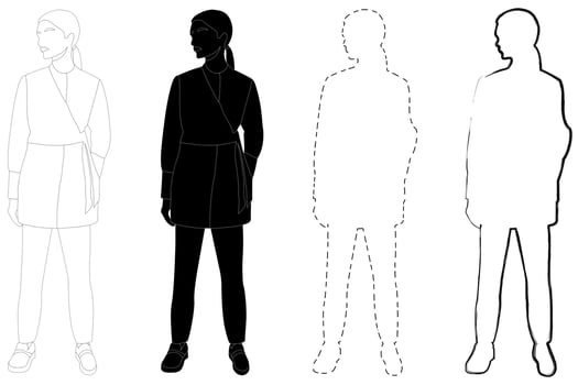 Sketch outline of the silhouette of a girl in a fashionable suit standing. Doodle black and white line drawing. vector