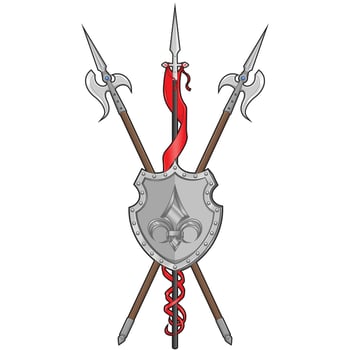 Middle ages heraldry shield vector design, coat of arms with fleur de lis heraldic symbol, with halberd and spear with pennant