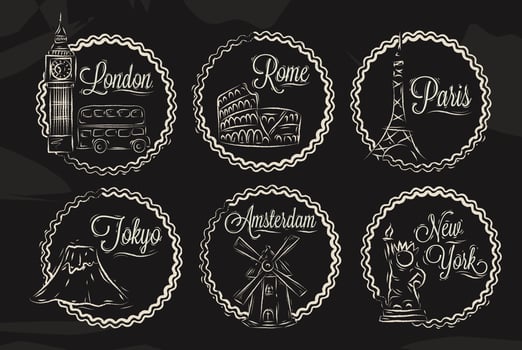 Icons with world cities, London, New York, Rome, Amsterdam, Tokyo, Paris, stylized drawing with chalk on a blackboard, a frame in round frame on a black background. vector