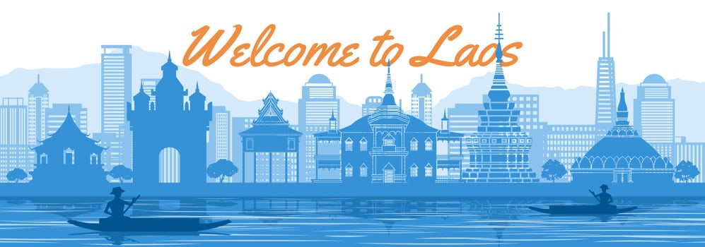 Laos famous landmark silhouette style behind river and boat and in front of towers vector