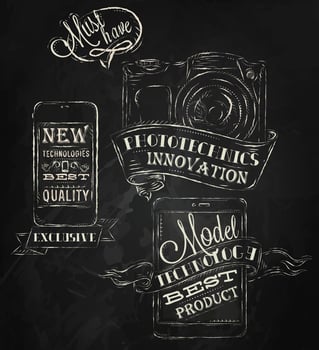 Elements on modern technology mobile tablet device camera in vintage style stylized under the chalk drawings vector