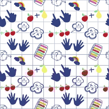 Seamless element template for mental math school on white background. Math course and creative kids. Finger counting and fruit. Math. Wooden counting. Modern design background vector illustration