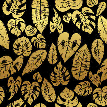 Seamless vector golden tropic leaves jungle plant pattern vintage tropical exotic leaves of different types. Jungle plants. Luxury monstera and palm leaves. Grunge black botanical background.