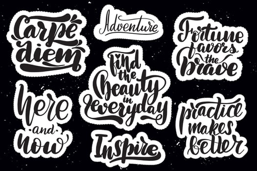 Set of handwritten lettering labels. Stickers with hand drawn typography inscriptions. Great vector stock calligraphy illustrations for handmade and scrapbooking, diaries, cards, badges, social media.