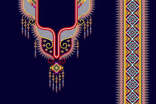 Geometric ethnic neckline embroidery pattern design. Aztec fabric carpet mandala ornament chevron necklace textile. Tribal boho native ethnic neck embroidery vector