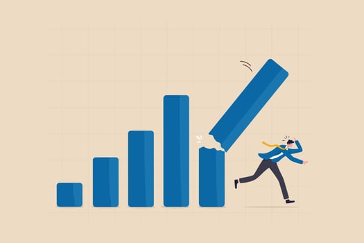 Economic recession from high inflation, stock market crash, crisis or depression, investment risk or price drop causing money loss concept, fear businessman investor run away from collapsing graph. vector